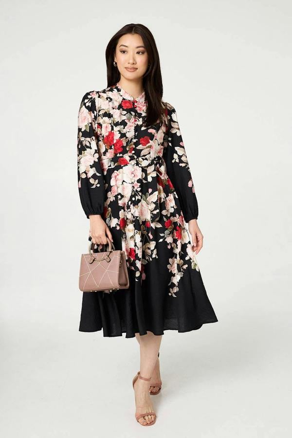 Black | Floral Tie Waist Long Sleeve Midi Dress
