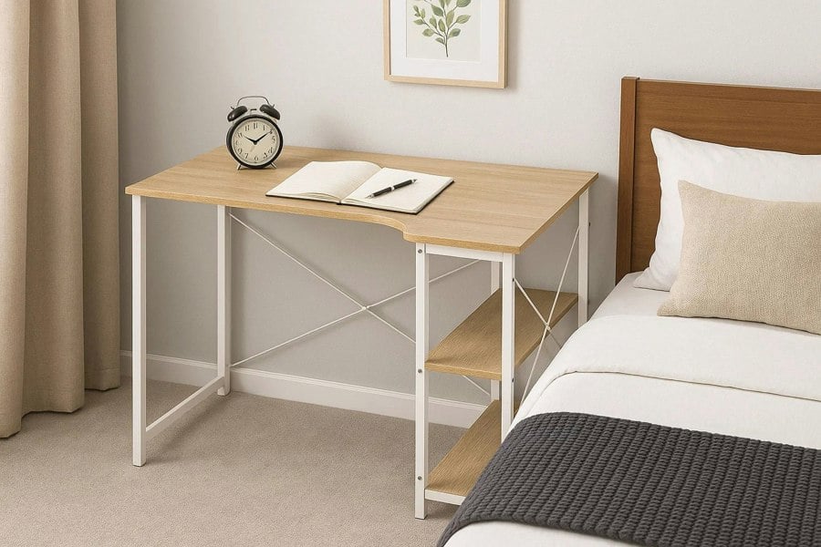 Modcraft L-Shaped Computer Desk – Light Oak & White Home Office Workstation with Storage Shelves