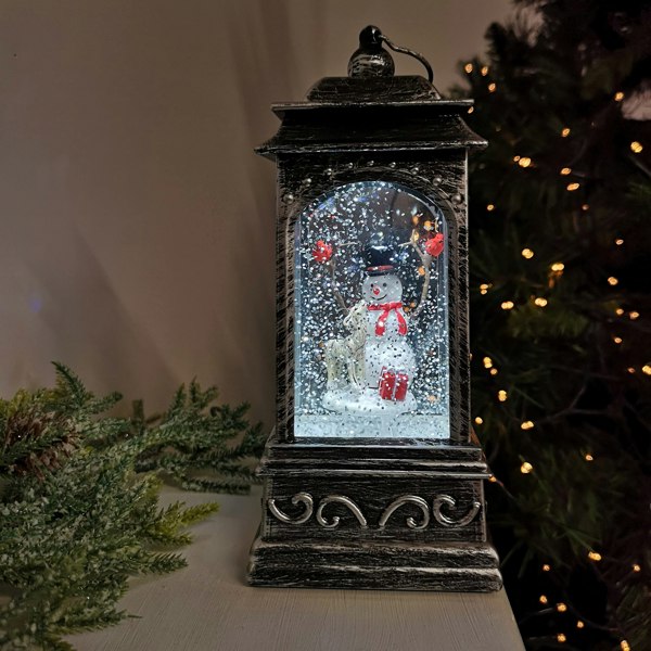 Samuel Alexander 21cm Dual Power Glitter Water Spinner Lantern Christmas Decoration - Snowman