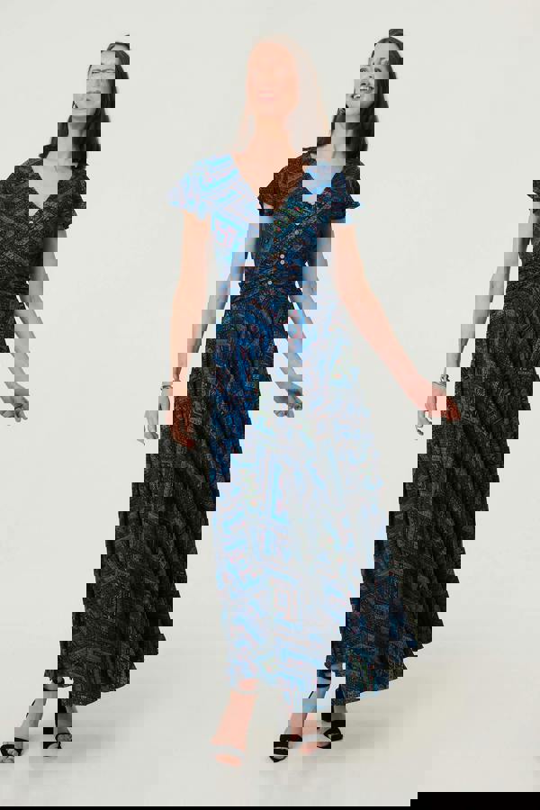 Blue | Geo Print Cap Sleeve Ruched Maxi Dress