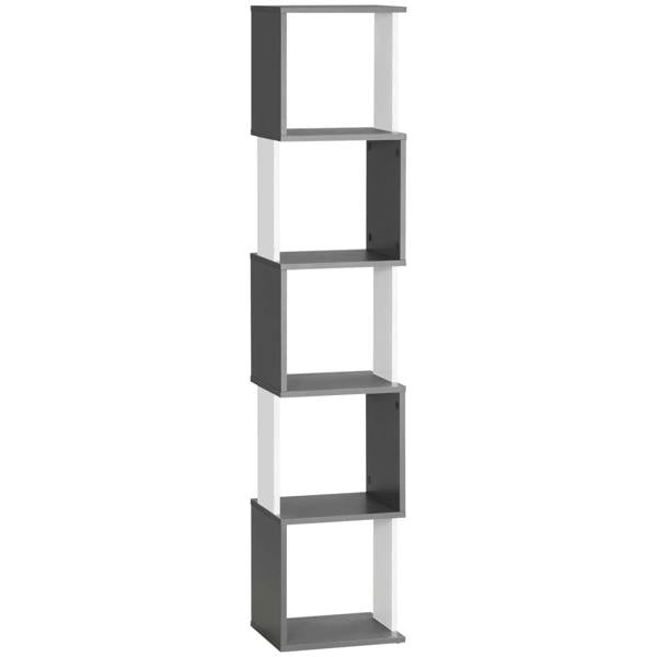 Freestanding 5-tier bookshelf with white sides and dark gray open shelves