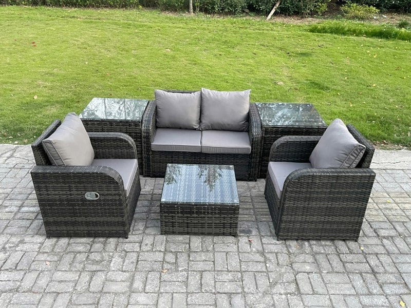 Fimous Wicker PE Rattan Garden Furniture Set Outdoor Lounge Sofa Set with Love Sofa Square Coffee Table 2 Side Tables Dark Grey Mixed