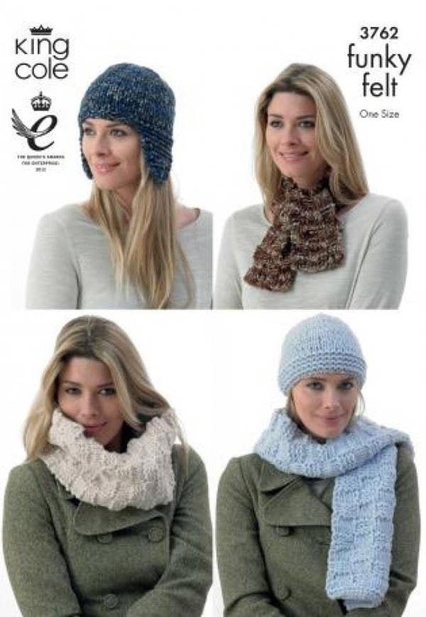 King Cole Funky Felts Knitting Pattern 3762, Headwear, Scarves for Women, One Size - Intermediate