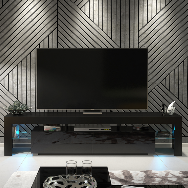 Mex Furniture Sleek 200cm TV Unit Modern Cabinet TV Stand Black High Gloss Doors with Free LED