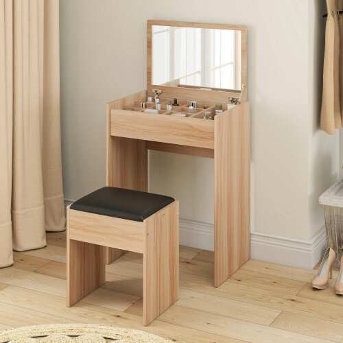 Wyld Haus Nolena Natural Wood Vanity Desk With Flip Mirror Cushioned Stool And Storage