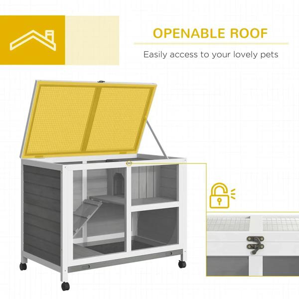 Grey wooden rabbit hutch with openable roof, two-tier interior, and front access door