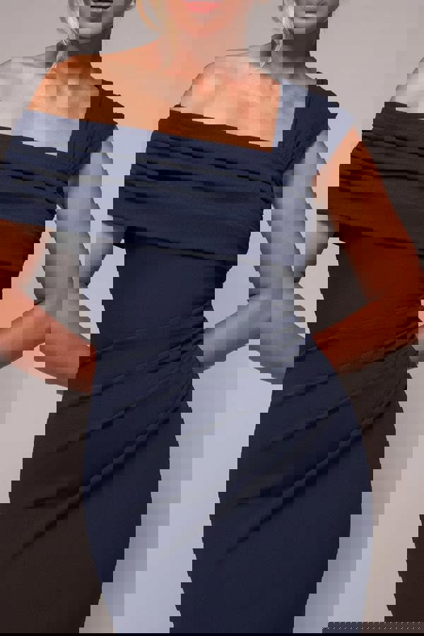 Scuba Crepe Pleated Drop Shoulder Midi Dress - Navy Blue DR4490