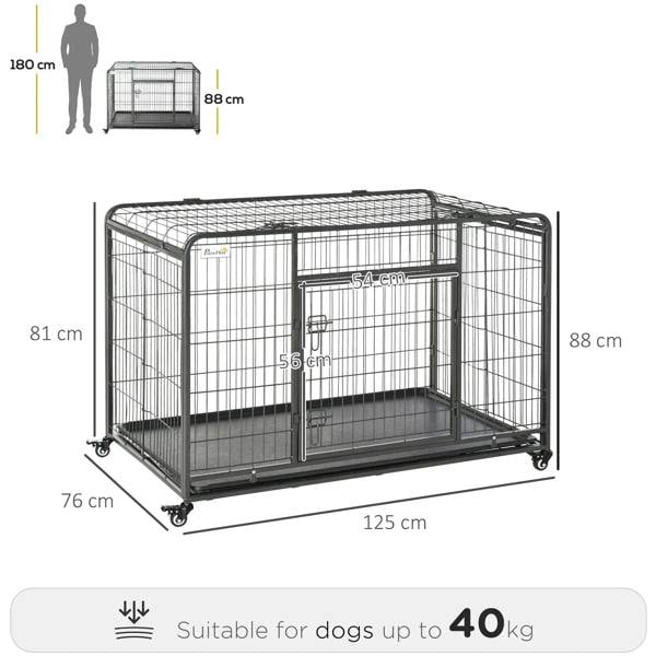 Extra-large dark grey metal dog kennel with dimensions, openable top and front door
