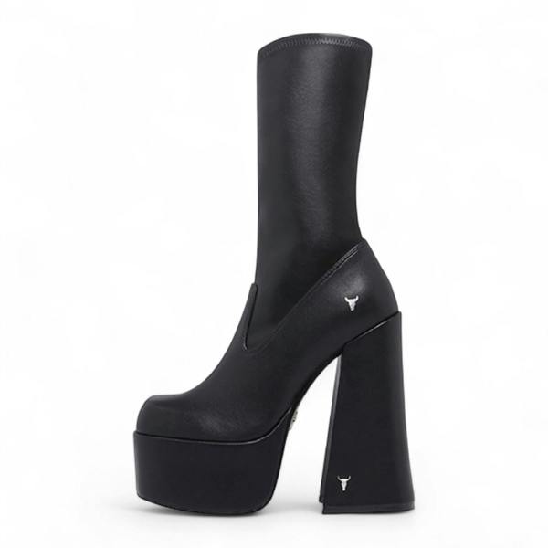Windsorsmith Womens Black Mid-Calf Sock Platform Goth Heel Boots - Saviour