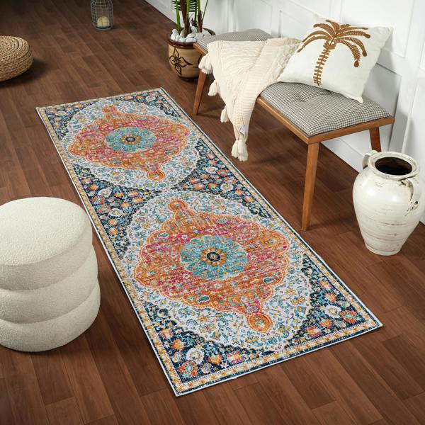 Livabliss Floransa-Vintage Orange Blue Pink Cream Traditional Boho Rug