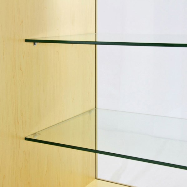 Maple Glazed Product Display Counter K1200 featuring smooth wood finish, two glass shelves, and sleek modern design for showcasing items