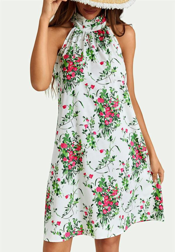 FS Collection Pink Floral Print Halter Neck Tie Back Mini Dress In White