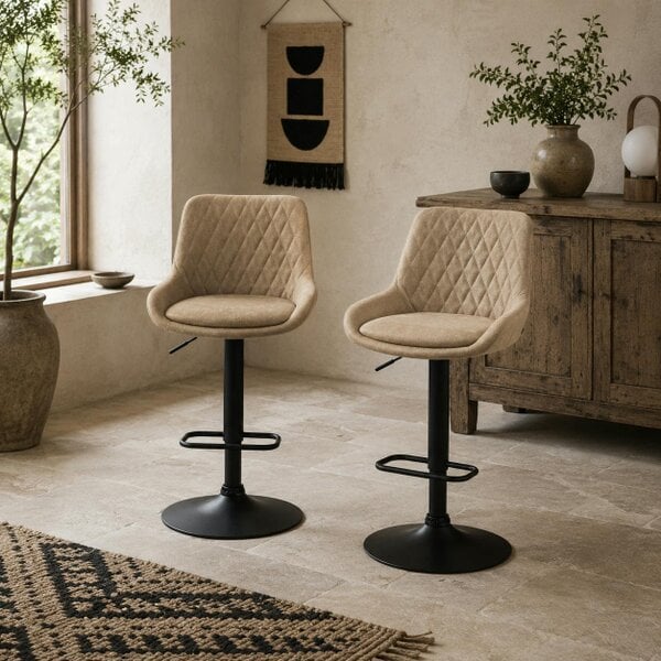 Wyld Haus Nihano Fabric Light Khaki Adjustable Retro Bar Stools Set Of 2 With Swivel Seats