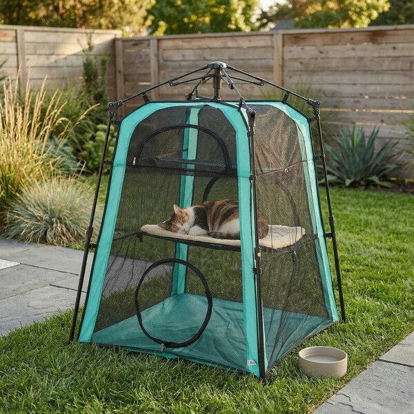 Cat Tent, 3-Tier Portable Pet Tent for Indoor Outdoor, Cat House with Multi-Door, Carry Bag, Breathable Mesh - Green