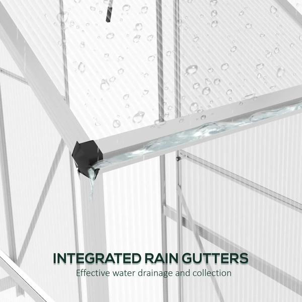 Integrated rain gutters on greenhouse roof frame with clear polycarbonate panels