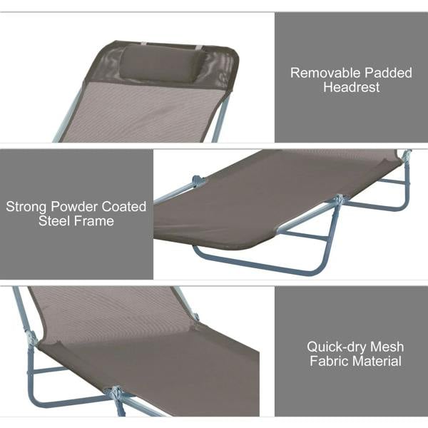 Brown sun lounger with removable padded headrest, quick-dry mesh seat, steel frame