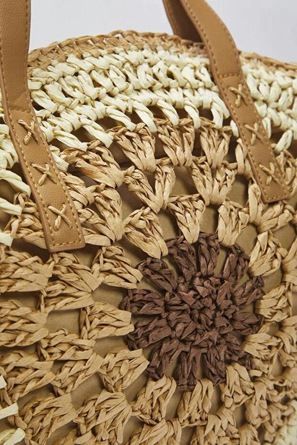 WOVCOR Color Block Hand-Knitted Woven Straw Women's Medium Size Round Shoulder Bag