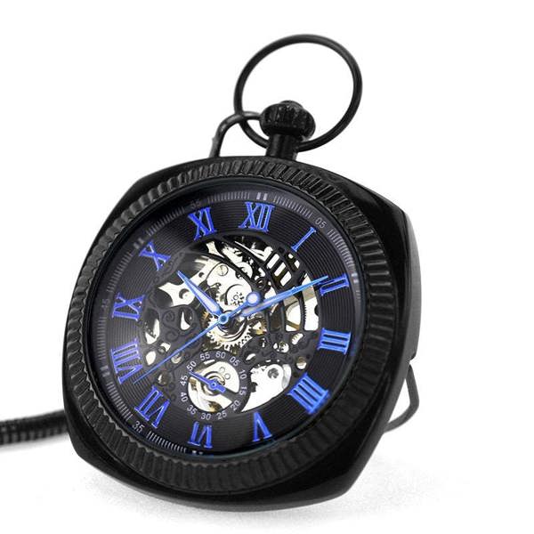 Infinity Leather Mechanical Vintage Skeleton Square Open-Face Pocket Watch