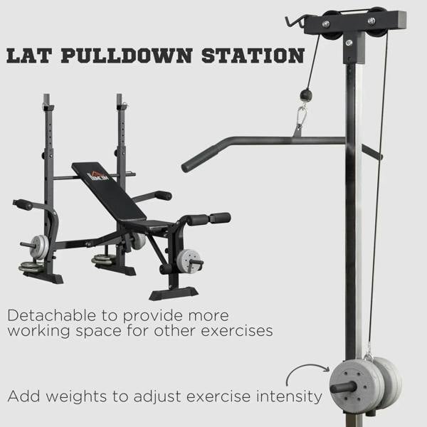 Adjustable incline bench with lat pulldown station and hanging cable weight setup