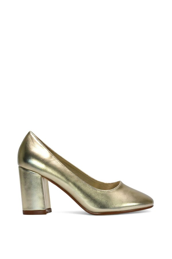 XY LONDON Round Toe Mid Block Heel Court Shoe Heels - Gold