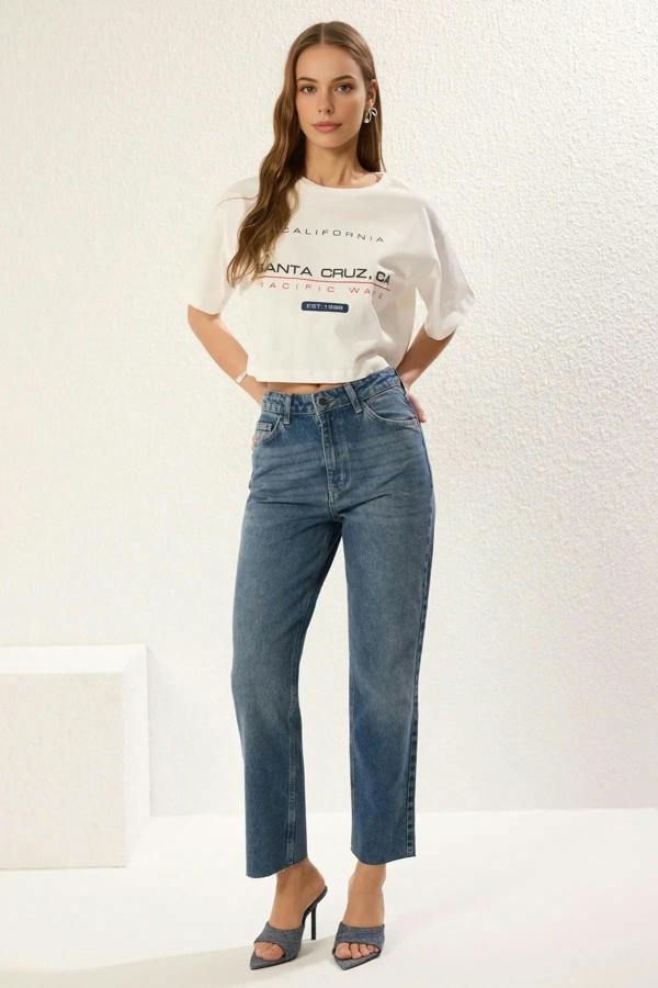 WOVCOR High Waist Straight Jeans with Cut-Out Legs