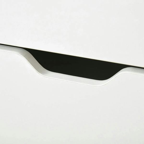 Wood-look flip drawer handle opening on white shoe cabinet front
