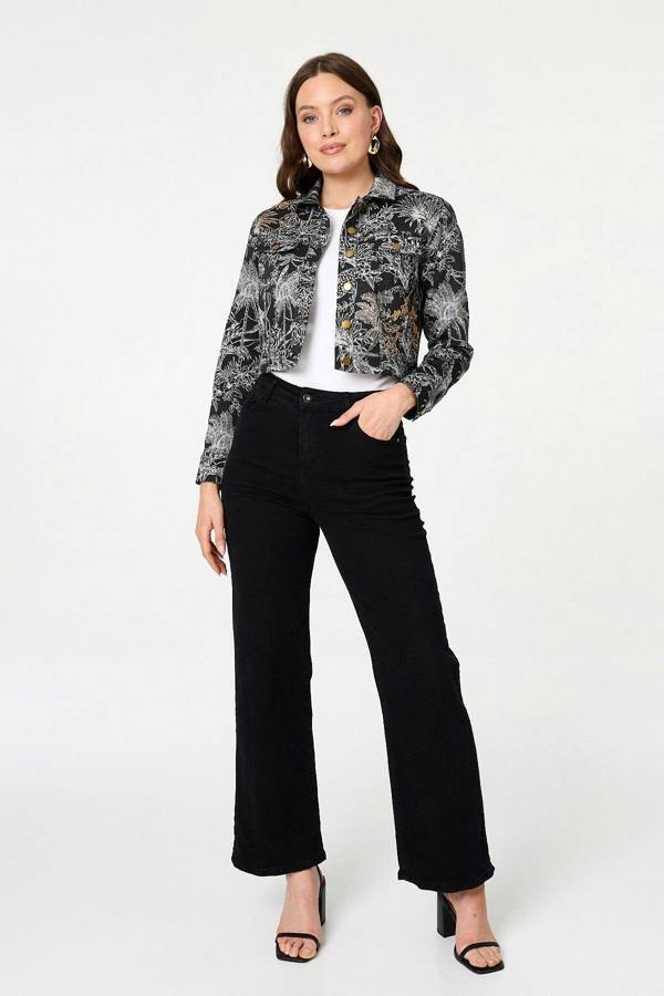 Black | Tropical Print Textured Cropped Jacket