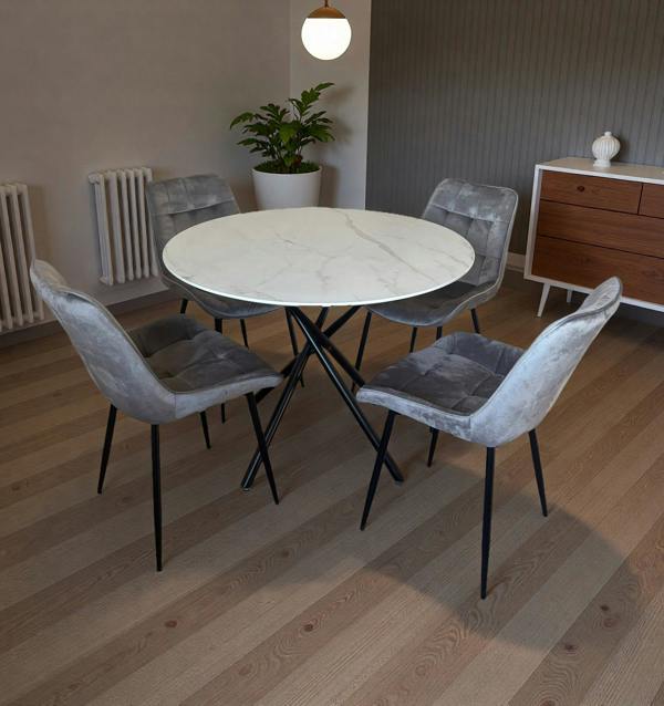 Outdoor Living Seattle Dining Table with 4 Erica Velvet Chairs - Grey