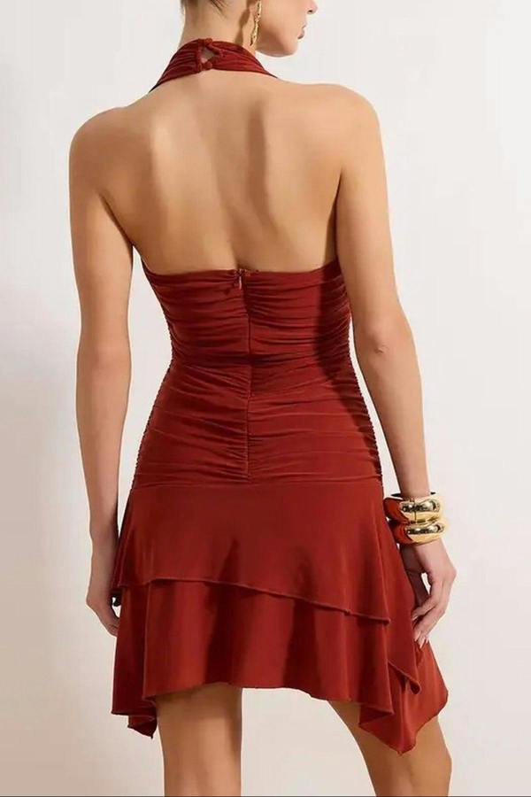 WOVCOR Halter Neck Ruched Detail Mini Dress with Flared Hem
