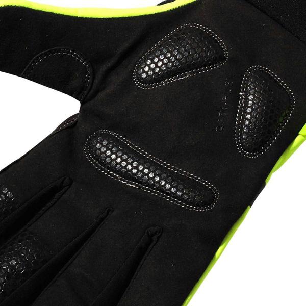 Close-up of black padded grip palm on Optimum NiteBrite cycling glove with fluorescent yellow trim - Optimum