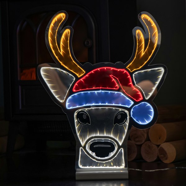Samuel Alexander 40cm Light up Christmas Deer Head in Santa Hat Infinity Decoration with LEDs