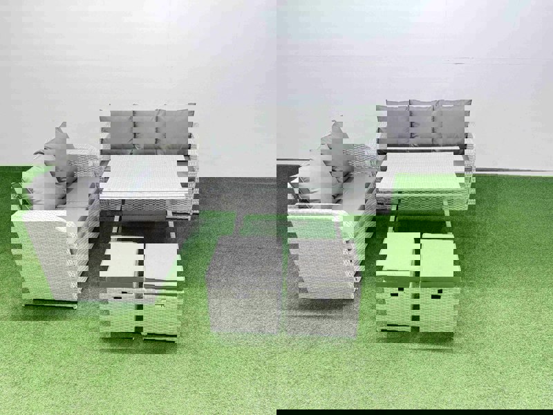 Fimous Outdoor PE Rattan Garden Furniture Set Rectangular Dining Table Sofa Set with 2 Small Stool Light Grey