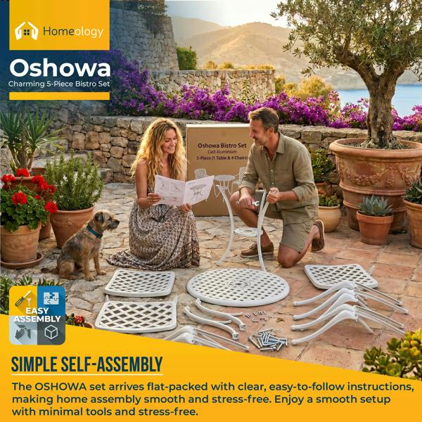 Homeology OSHOWA Luxurious Garden and Patio Table and 4 Large Chairs with Armrests Cast Aluminium Bistro Set - White with Black Cushions