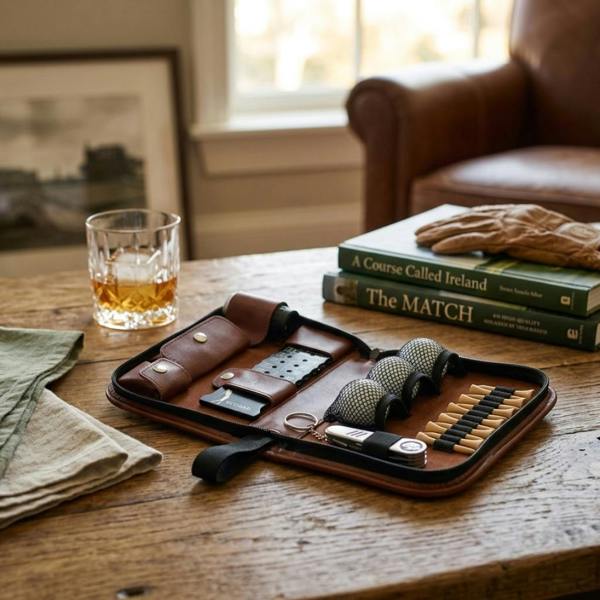 An open brown faux leather golf accessories case resting on a rustic wooden coffee table alongside a glass of whiskey, folded linen napkins, a leather glove, and books about golf.