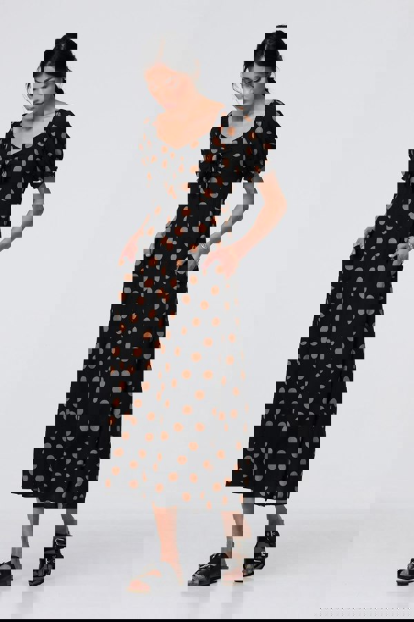 Black | Polka Dot Puff Sleeve Midi Dress