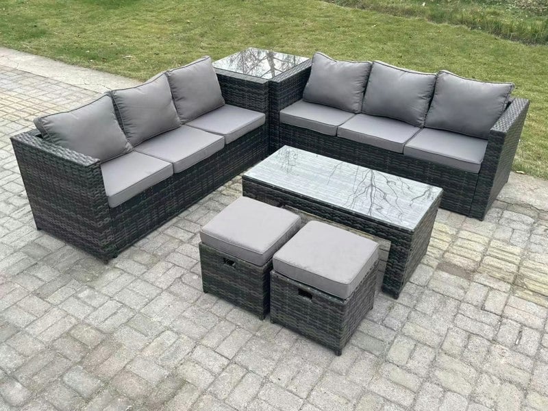 Fimous Outdoor Rattan Garden Furniture Lounge Sofa Set With Oblong Rectagular Coffee Table Side Coffee Table 2 Stools