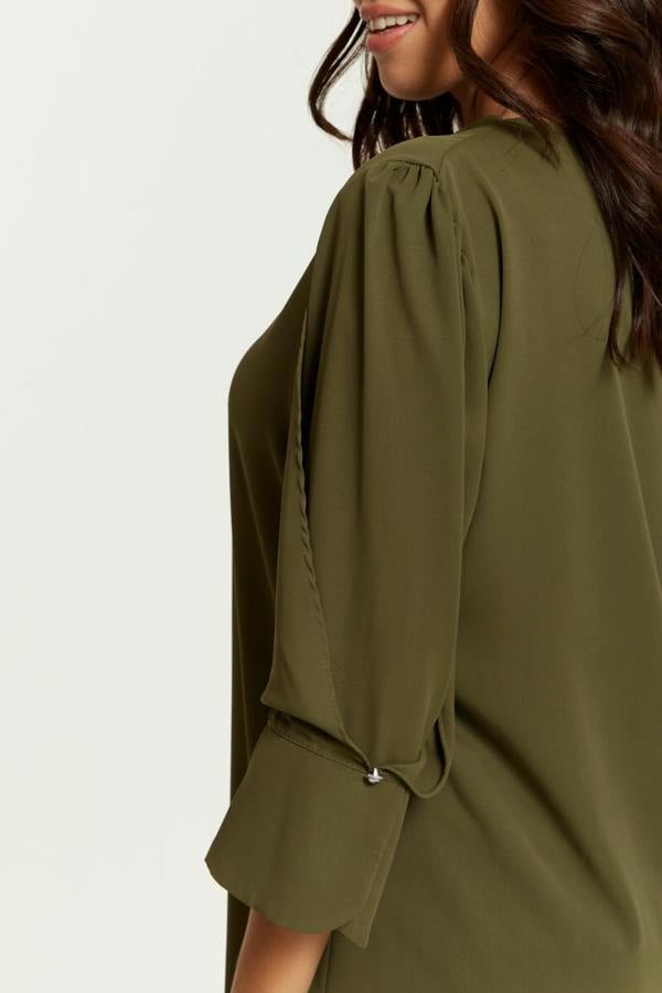 Hoxton Gal Oversized Detailed Sleeves V Neck Tunic in Khaki