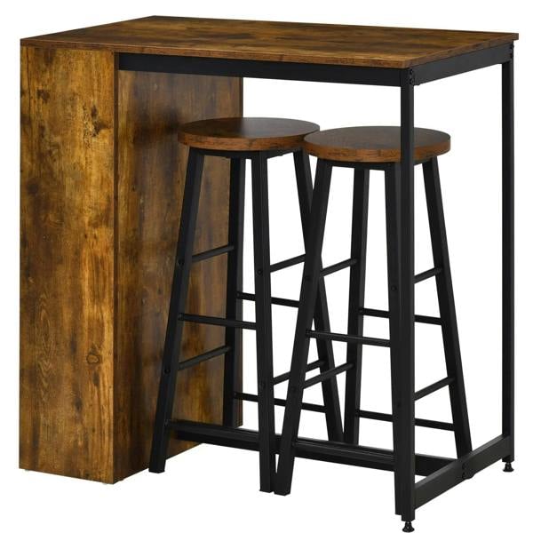 Rustic brown industrial bar table with two black metal bar stools and open side shelf
