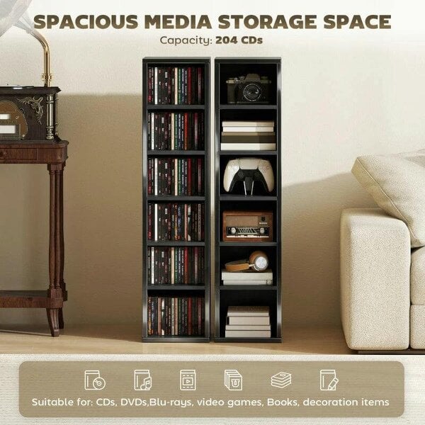 Bobobiy Set of 2 CD Media Display Shelf Unit Tower Rack with Adjustable Shelves, High Gloss Black
