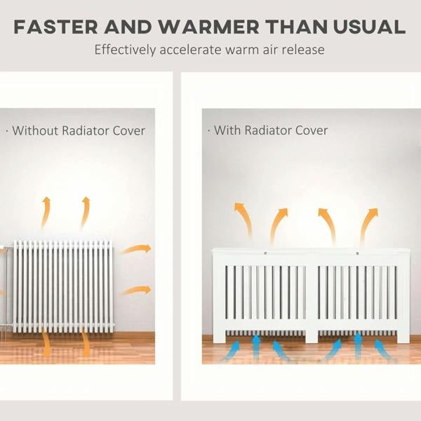 White radiator cover cabinet with vertical slatted grill front for airflow.