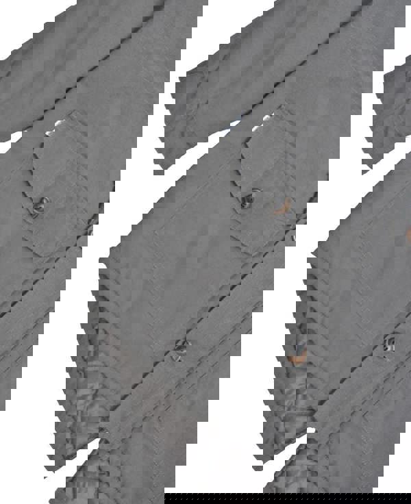 Lambretta Mens/Womens Carnaby Scooter Hooded Classic Mod Ska Badge Parka, close-up of the gray jacket showing front pocket with button and quilted lining detail.