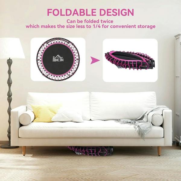 Folded pink mini trampoline with black frame and looped rebound mat