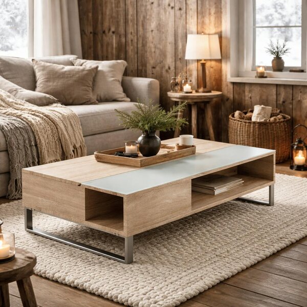 Wyld Haus Salford  Natural Oak Wood and Glass Rectangular Lift Up Coffee Table
