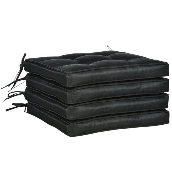 Set of 4 black seat cushions with ties, stacked and bundled
