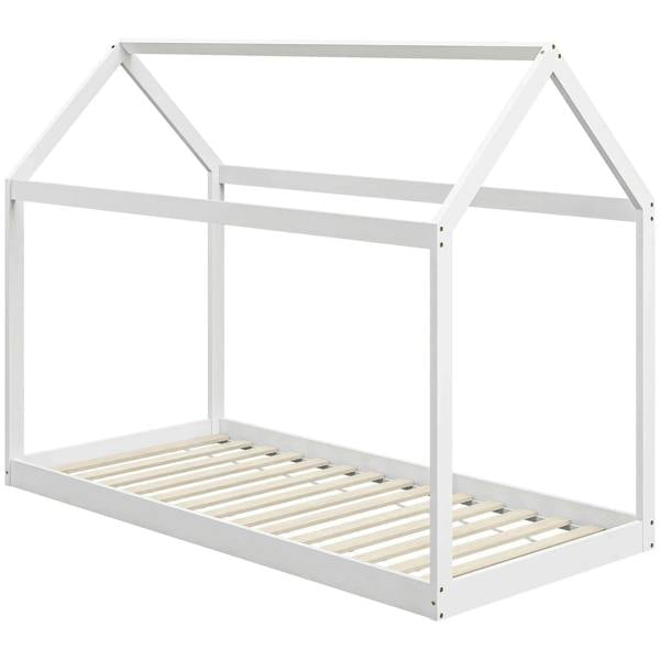 White wooden single bed frame with slatted base and low side rails