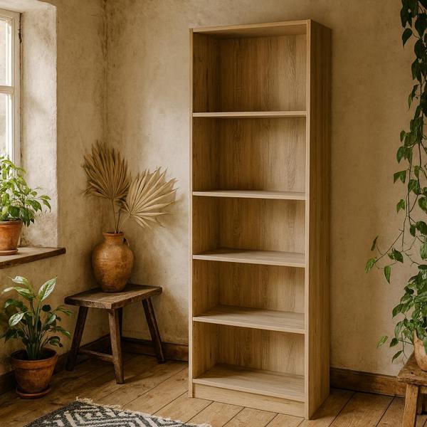 Wyld Haus Amberfern Natural Oak Wood Tall Wide Bookcase 4 Shelves
