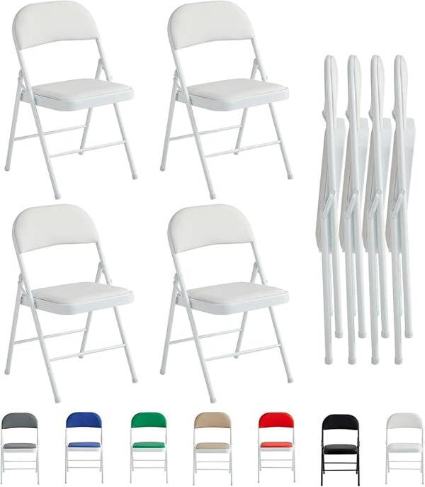 Set of 4 Folding Metal Dining Chairs with Padded Seats