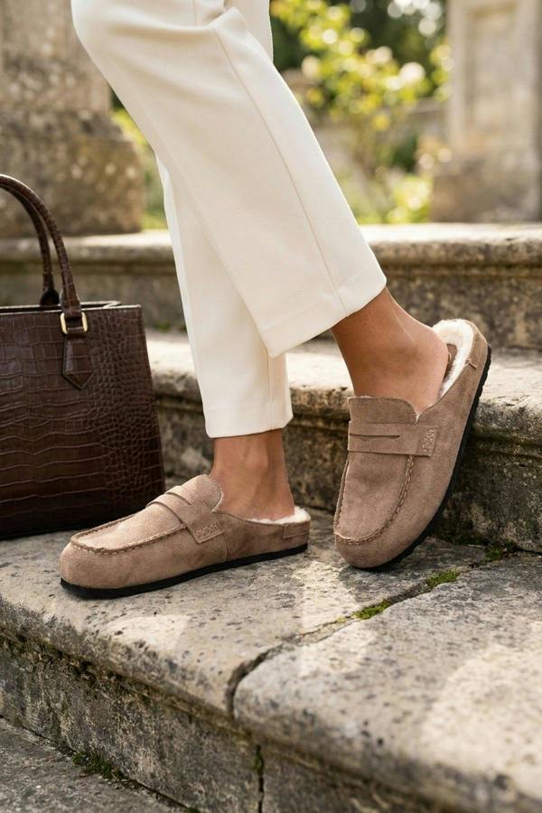 Nuala Faux Suede Fur Lined Mules - Camel