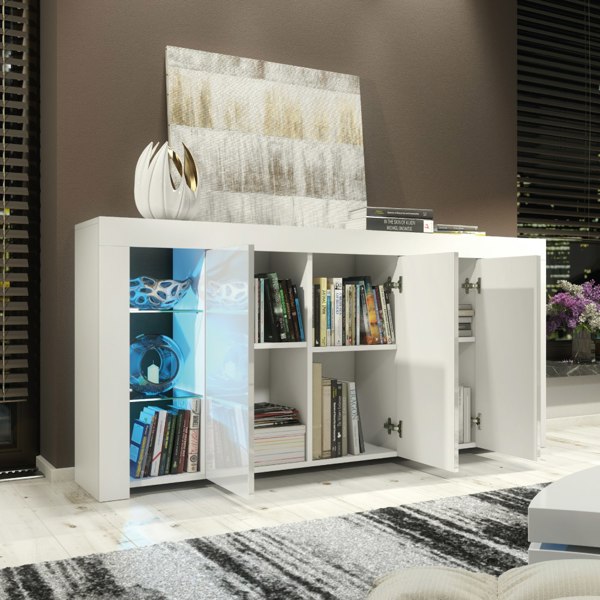 Mex Furniture Exclusive 164cm High Gloss White Sideboard TV Cabinet & Free LED Lights Modern Design