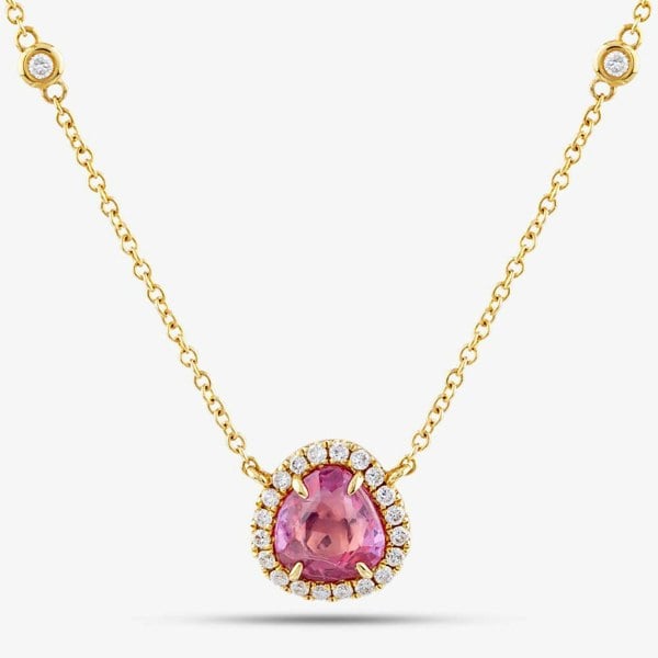 T. H. Baker 18ct Yellow Gold 1.06ct Pink Sapphire & 0.22ct Brilliant Cut Diamond Halo Necklace NTX1663 18YG
